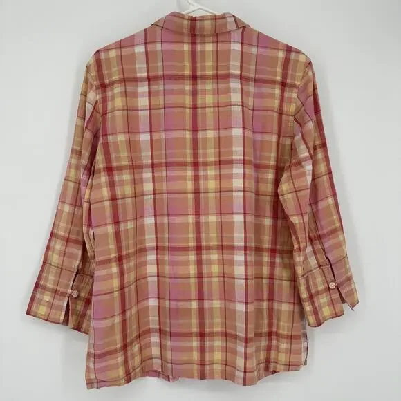 Talbots Shirt Womens Medium Plaid Irish Linen Blend 3/4 Sleeve Button Up Blouse - Picture 8 of 11